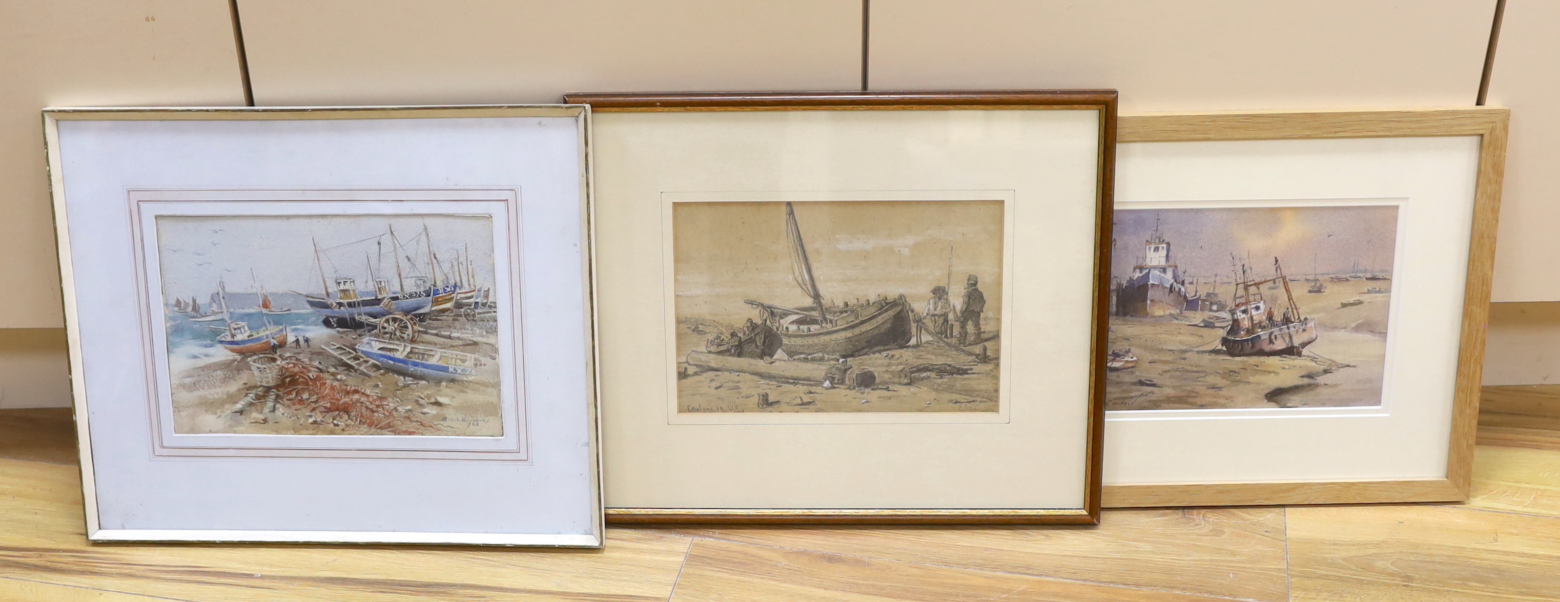 Arthur Bradbury (1892–1977), watercolour, 'Hastings', together with Sidney Cardew, watercolour, 'Leigh on Sea' and Edward William Cooke R.A., pencil heightened with white, 'Catalans', each signed, largest 18 x 28cm